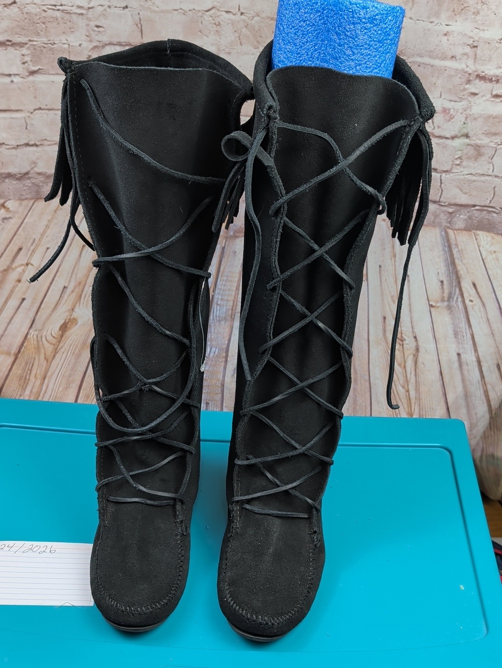 Minnetonka Black Lace-Up Fringe Knee-High Boots 7